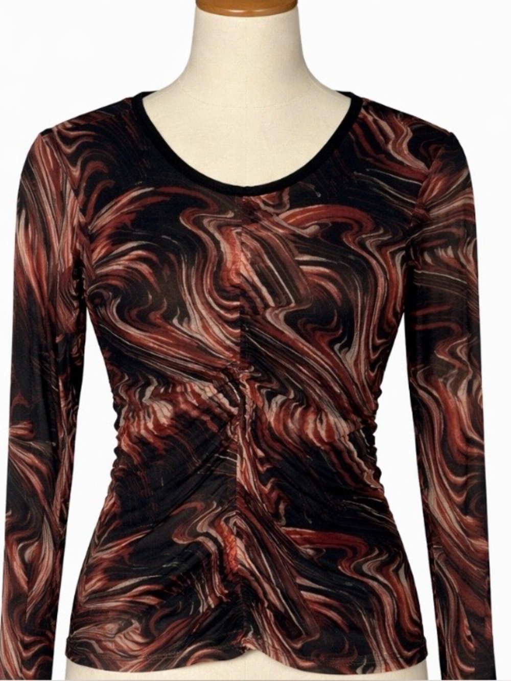 Mesh Long Sleeve Medium Abstract Top  Dark Academia Ruched Designer Blouse